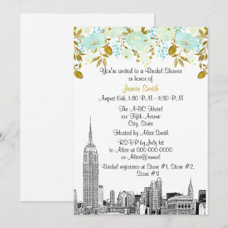 NYC Skyline ESB Etch Mint Gld Floral Brautparty Einladung