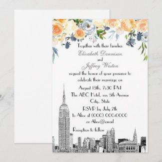 NYC Skyline ESB Etch Peach Blues Floral Wedding Einladung