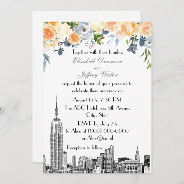 NYC Skyline ESB Etch Peach Blues Floral Wedding Einladung (Vorne/Hinten)