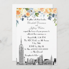 NYC Skyline ESB Etch Peach Blues Floral Wedding Einladung