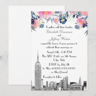 NYC Skyline ESB Etch Pink Blue Floral Wedding Einladung