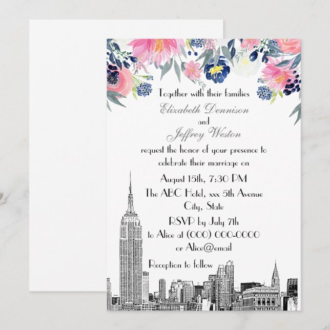 NYC Skyline ESB Etch Pink Blue Floral Wedding Einladung (Vorne/Hinten)