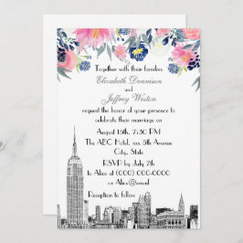 NYC Skyline ESB Etch Pink Blue Floral Wedding Einladung