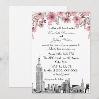 NYC Skyline ESB Etch Pink Floral Wedding Einladung