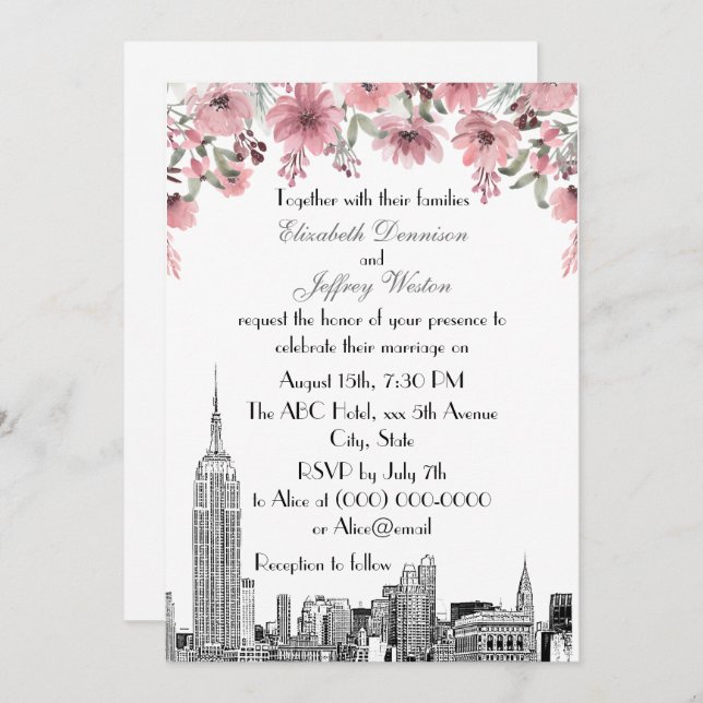 NYC Skyline ESB Etch Pink Floral Wedding Einladung (Vorne/Hinten)