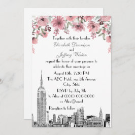 NYC Skyline ESB Etch Pink Floral Wedding Einladung
