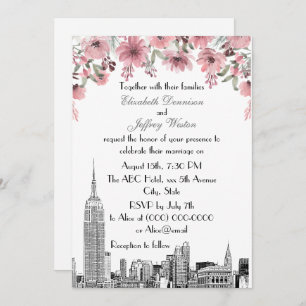 NYC Skyline ESB Etch Pink Floral Wedding Einladung