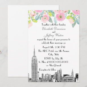NYC Skyline ESB Etch Pink Ranunculus Flowr Wedding Einladung
