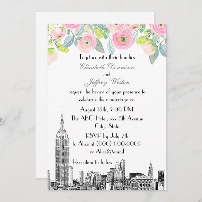 NYC Skyline ESB Etch Pink Ranunculus Flowr Wedding Einladung (Vorne/Hinten)