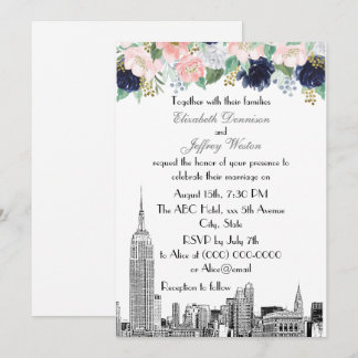 NYC Skyline ESB Etch Pink WhBlue Gold Floral Einladung