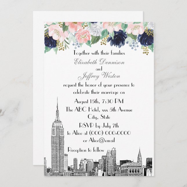 NYC Skyline ESB Etch Pink WhBlue Gold Floral Einladung (Vorne/Hinten)