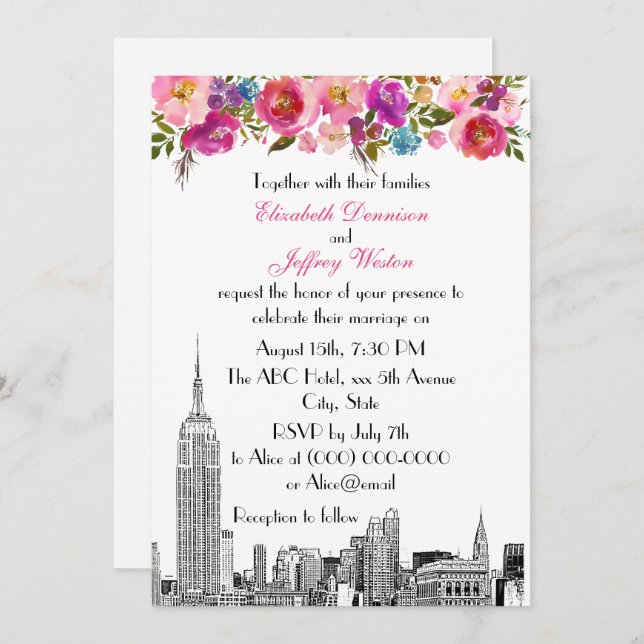 NYC Skyline ESB Etch Spring Pink Floral Wedding Einladung (Vorne/Hinten)