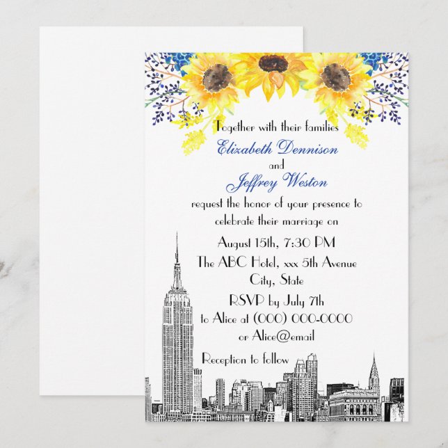 NYC Skyline ESB Etch Sunflower #2 Floral Wedding Einladung (Vorne/Hinten)