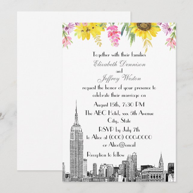NYC Skyline ESB Etch Sunflower Pink Blume Wedding Einladung (Vorne/Hinten)