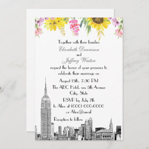 NYC Skyline ESB Etch Sunflower Pink Blume Wedding Einladung