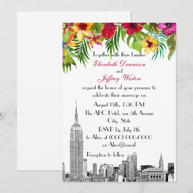 NYC Skyline ESB Etch Tropical Floral Wedding Einladung (Vorne/Hinten)