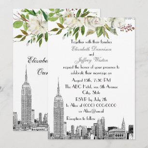NYC-Skyline ESB Weiße Blumen-Aquarell-Hochzeit Einladung