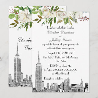 NYC Skyline ESB White Floral Watercolor Wedding Einladung