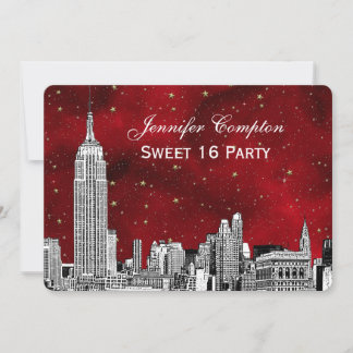 NYC Skyline Etch Starry Red BG SQ Sweet 16 H Einladung