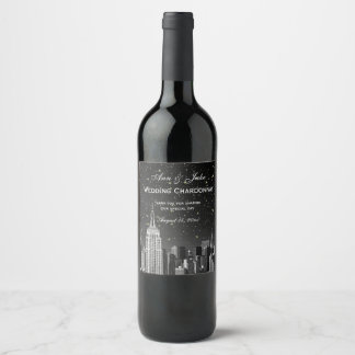 NYC Skyline Etched #2 Starry Black Gradient BG Weinetikett