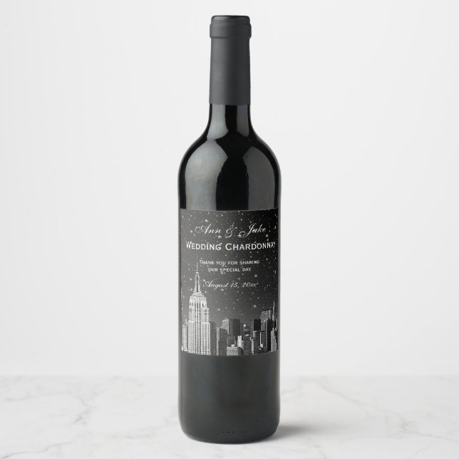 NYC Skyline Etched #2 Starry Black Gradient BG Weinetikett (Vorderseite)