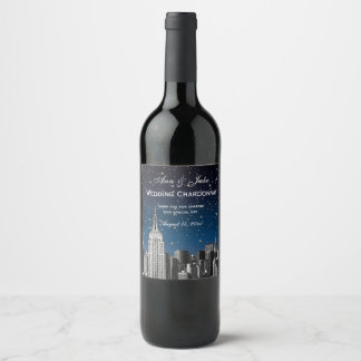 NYC Skyline Etched #2 Starry Blue Gradient BG Weinetikett