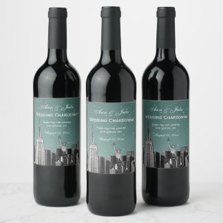 NYC Skyline Etched #2 Starry Turq Aqua Gradient BG Weinetikett
