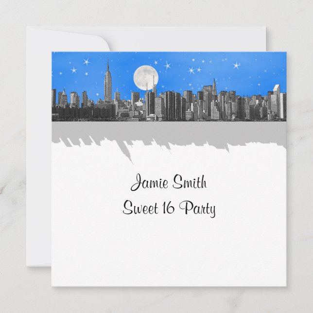 NYC Skyline Etched Look Moon Lt Blue 2 Sweet 16 SQ Einladung (Vorderseite)
