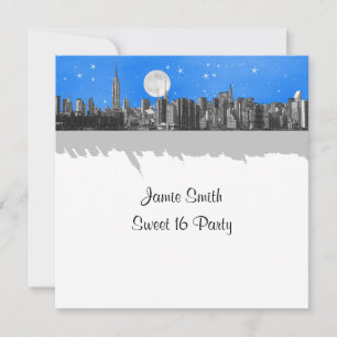 NYC Skyline Etched Look Moon Lt Blue 2 Sweet 16 SQ Einladung
