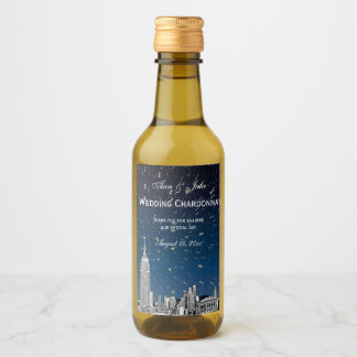 NYC Skyline Etched Starry Blue Gradient BG Weinetikett