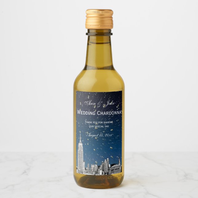 NYC Skyline Etched Starry Blue Gradient BG Weinetikett (Vorderseite)