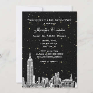 NYC Skyline Etched Starry DIY BG Color SQ Sweet 16 Einladung