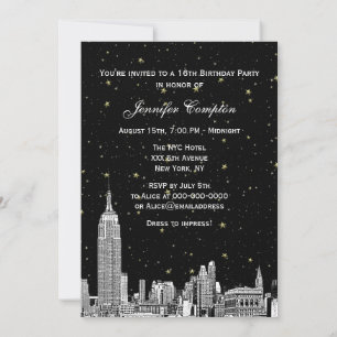 NYC Skyline Etched Starry DIY BG Color SQ Sweet 16 Einladung