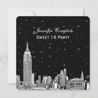 NYC Skyline Etched Starry DIY BG Color SQ Sweet 16 Einladung