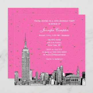 NYC Skyline Etched Starry DIY BG Color SQ Sweet 16 Einladung