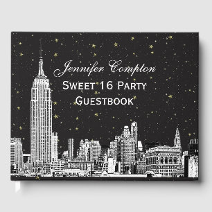 NYC Skyline Etched Starry DIY BG Color SQ Sweet 16 Gästebuch