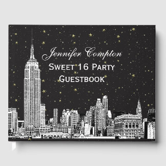 NYC Skyline Etched Starry DIY BG Color SQ Sweet 16 Gästebuch
