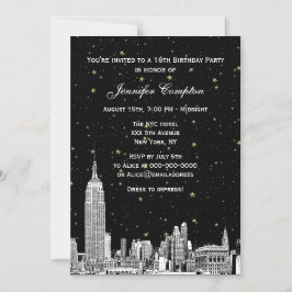NYC Skyline Etched Starry DIY BG Color SQ Sweet 16 Magneteinladung