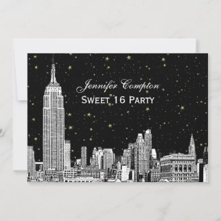 NYC Skyline Etched Starry DIY BG Color Sweet 16 Einladung