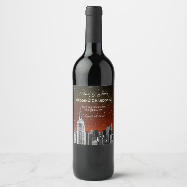 NYC Skyline Etted #2 Starry Red Gradient BG Weinetikett (Vorderseite)