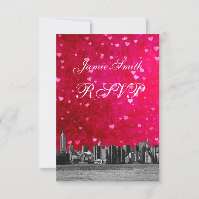 NYC Skyline Hot Pink Red Heart UAWG w Menu RSVP Karte (Vorderseite)