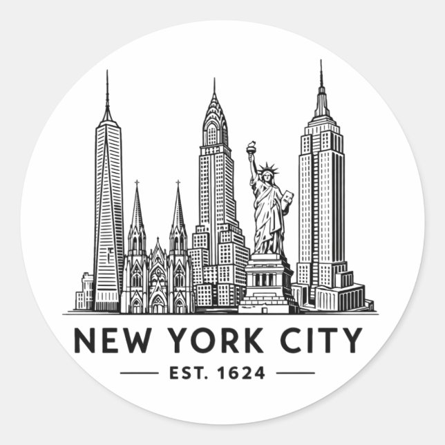 NYC Skyline Illustration with Statue of Liberty Runder Aufkleber (Vorderseite)