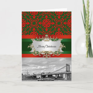 NYC Skyline Manhattan Bridge Damask Xmas Feiertagskarte