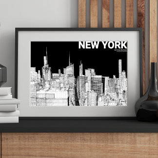 NYC-Skyline Schwarz Weiß Matt Skizze Poster