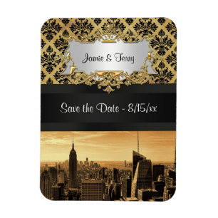 NYC Skyline Sepia B5 Blk Rib Damask Save the Date Magnet