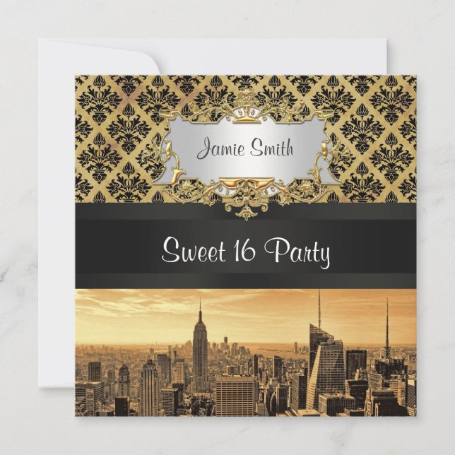 NYC Skyline Sepia B5 Blk Rib Damask Sweet 16 Invit Einladung (Vorderseite)