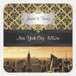 NYC-Skyline-Sepia-B5-Schwarz-Band-Damaskus-Aufkleb Quadratischer Aufkleber
