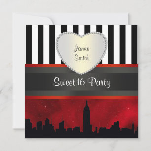 NYC Skyline Sil Red Sky Blk Wht Stripe H Sweet 16 Einladung