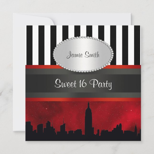 NYC Skyline Sil Red Sky Blk Wht Stripe P Sweet 16 Einladung (Vorderseite)