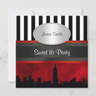 NYC Skyline Sil Red Sky Blk Wht Stripe P Sweet 16 Einladung